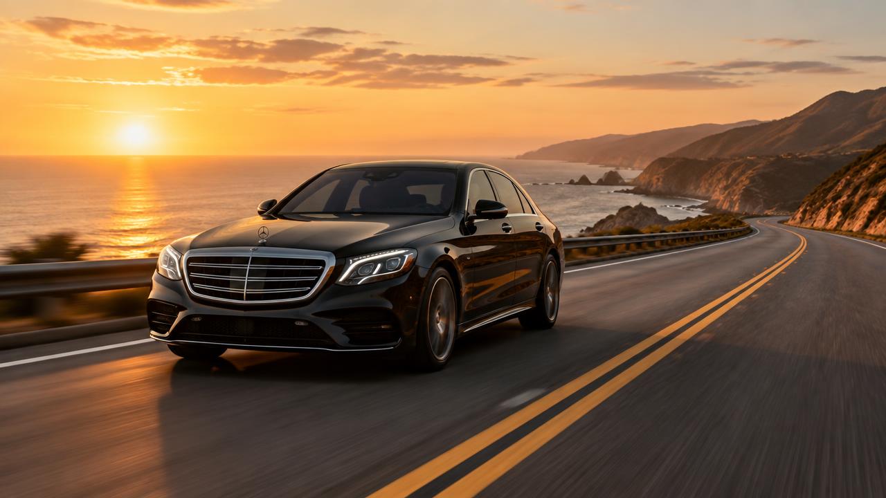 Luxury car driving on a coastal highway at golden hour