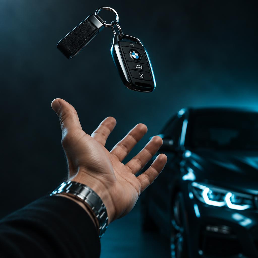 Car keys being tossed with blue studio lighting